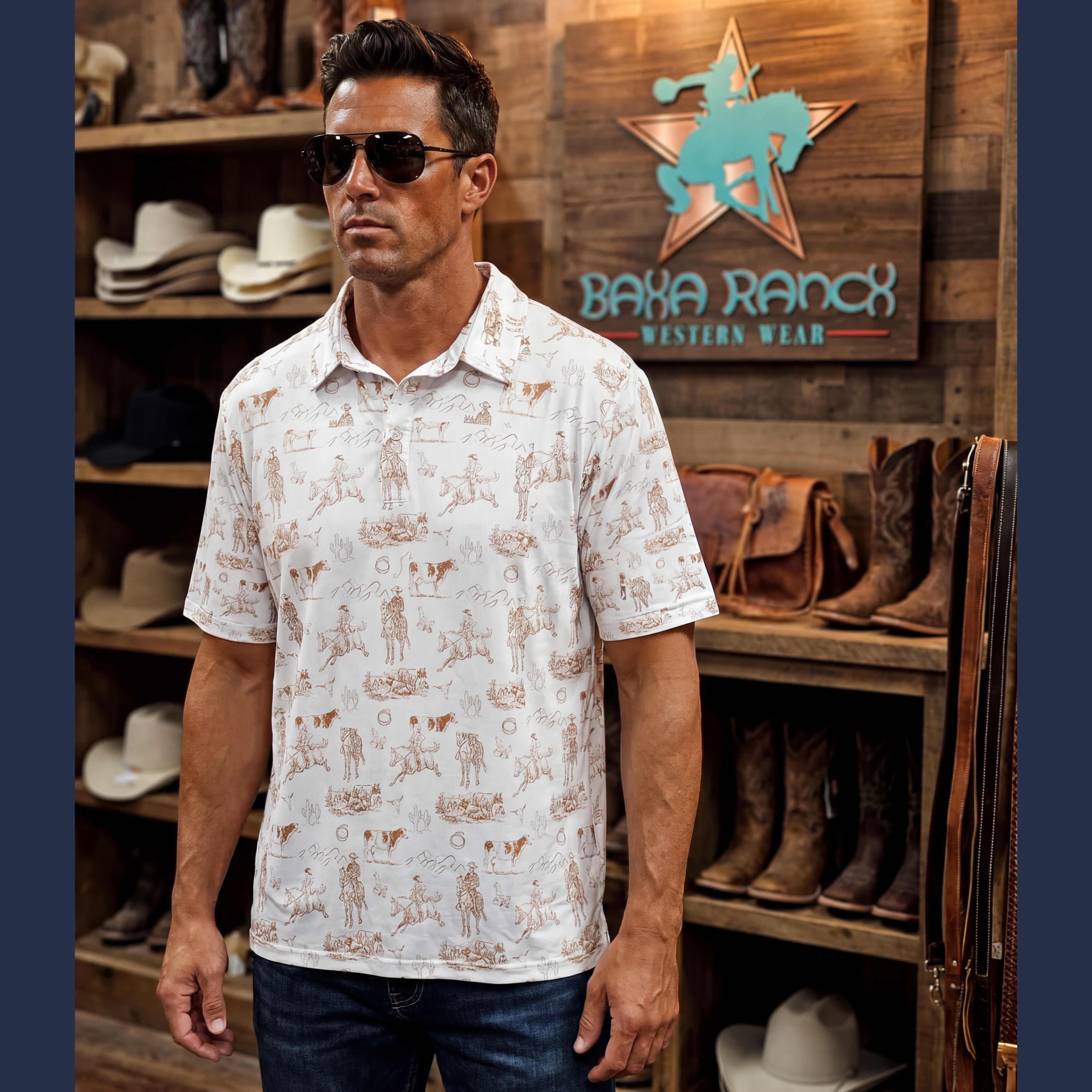 Baha Ranch Ranch Life Men's Western Polo Shirt with tan print by Baha Ranch Western Wear