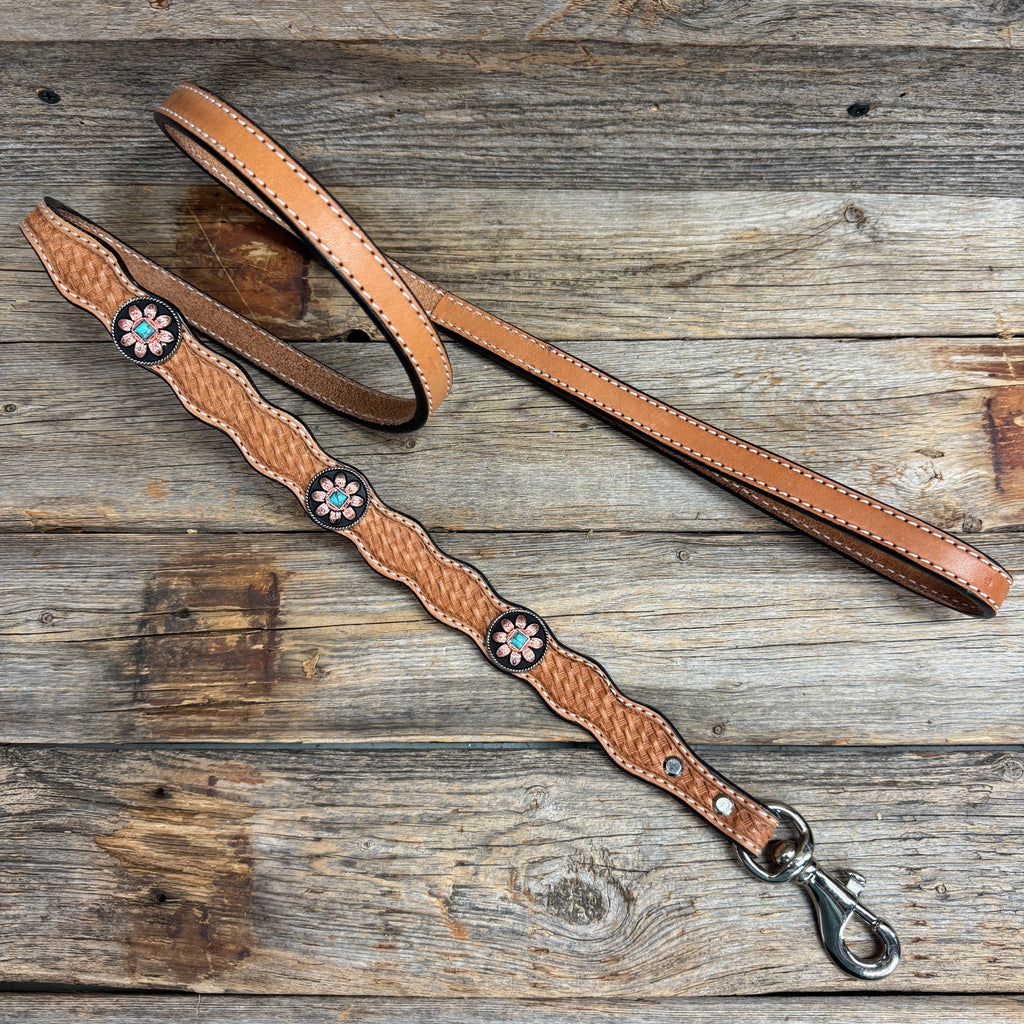 Genuine Leather Dog Collar or Leash With Copper Turquoise Sunflower Conchos 10" to 22" W188S orDC1006 — view 6