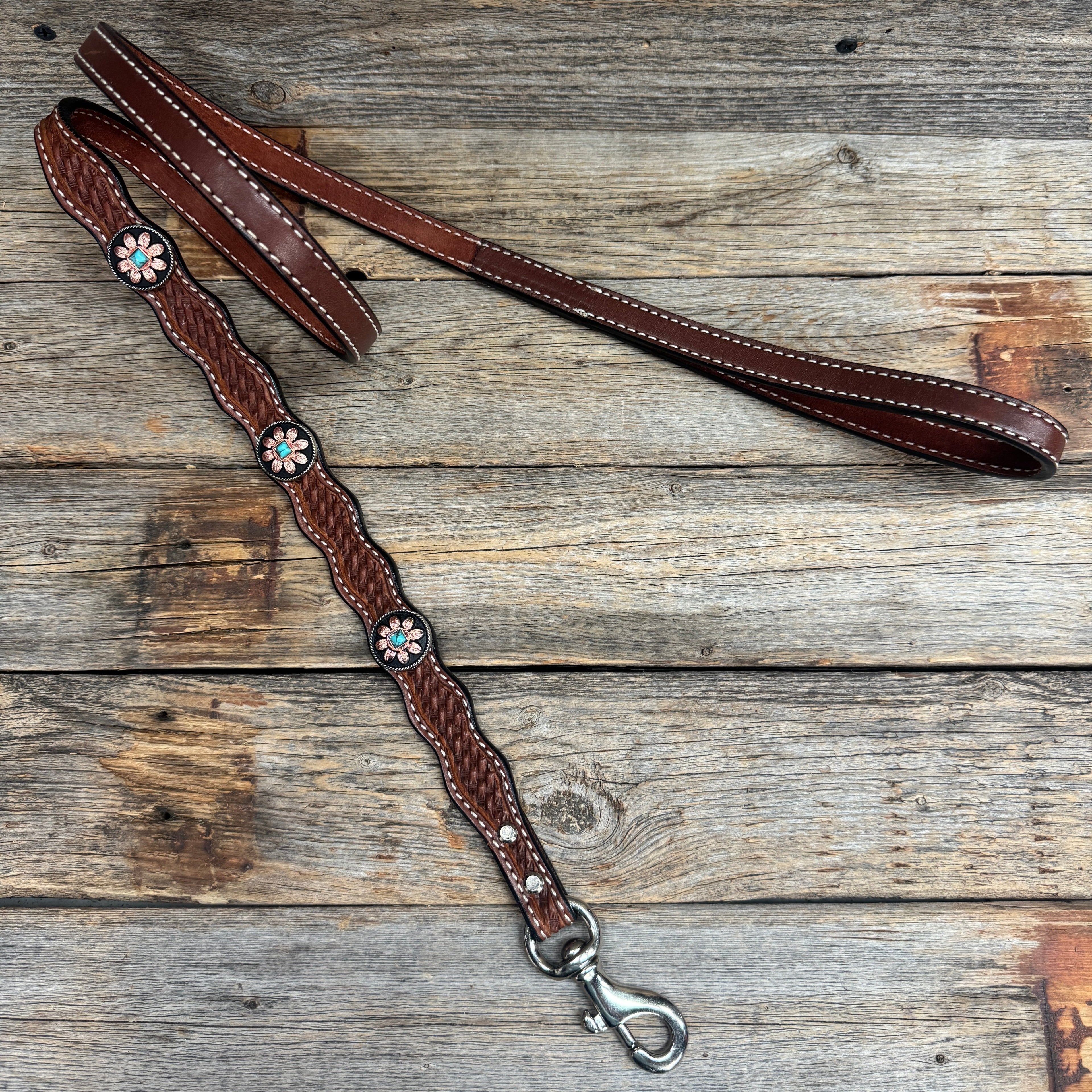 Genuine Leather Dog Collar or Leash With Copper Turquoise Sunflower Conchos 10" to 22" W188S orDC1006 — view 7