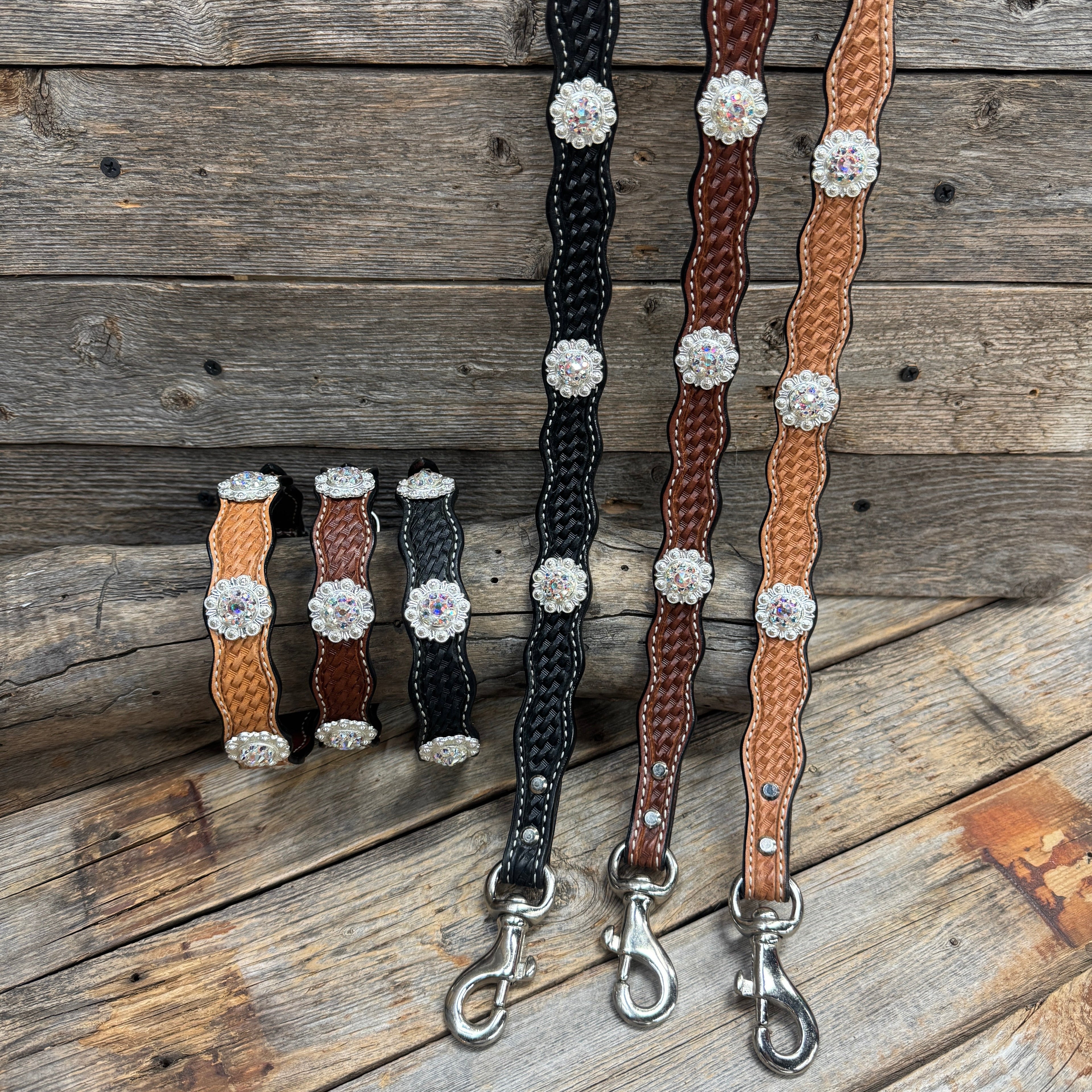 Genuine Leather Dog Collar or Leash With Bright Silver AB Conchos 10" to 22" orDC49