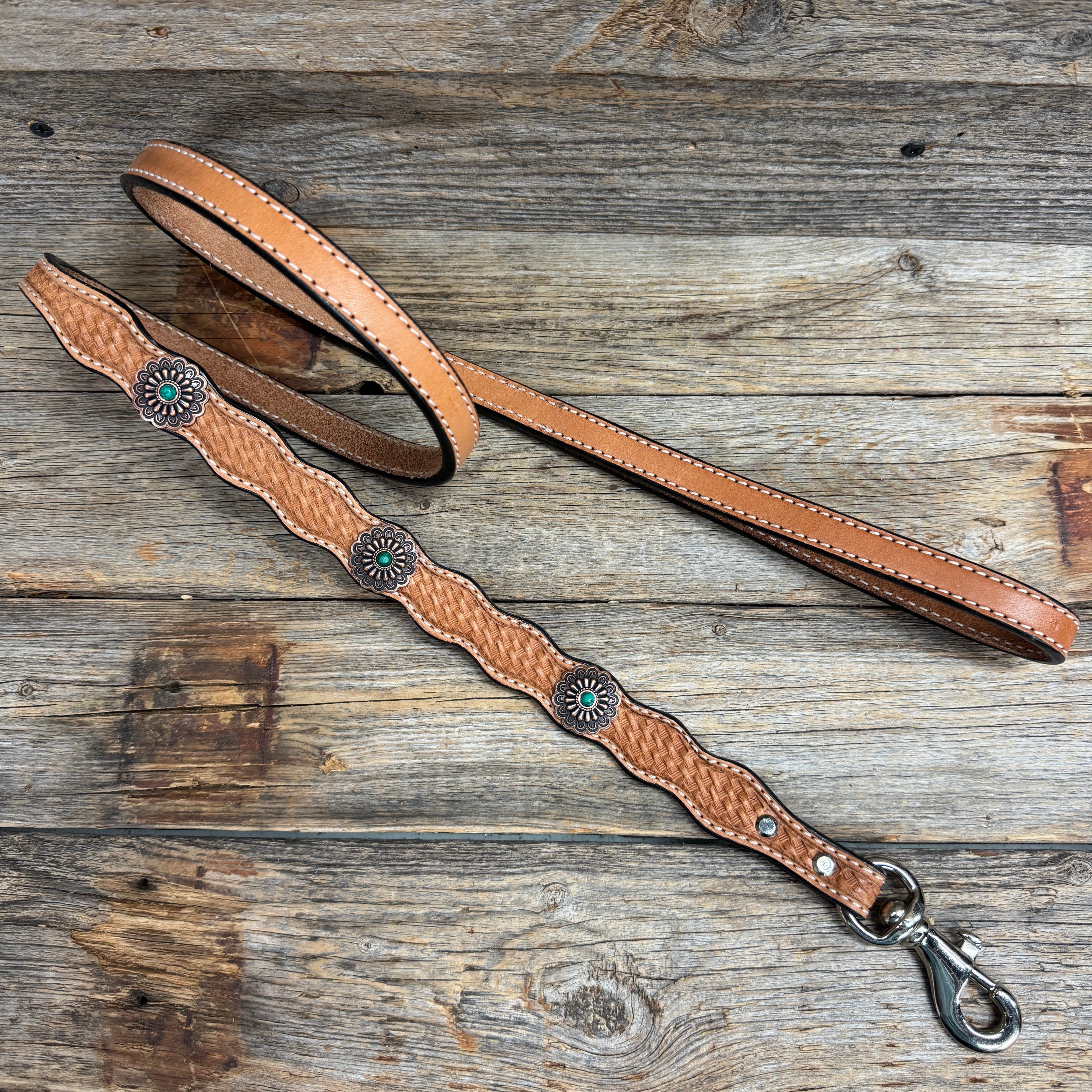 Genuine Leather Dog Collar or Leash With Copper Green Turquoise Conchos 10" to 22" W103S -DC51 — view 6