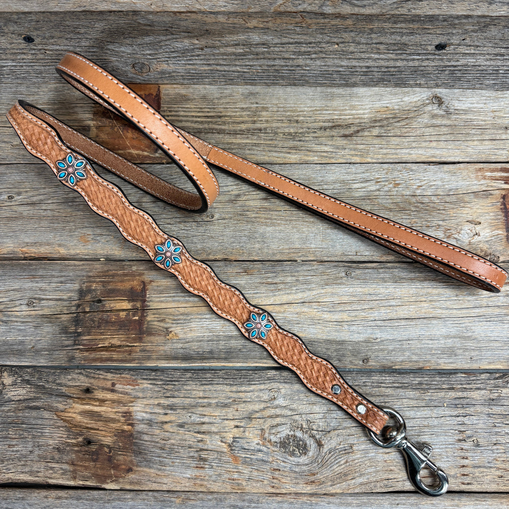 Genuine Leather Dog Collar or Leash With Copper Turquoise Flower Conchos 10" to 22" W207S -DC56 — view 6