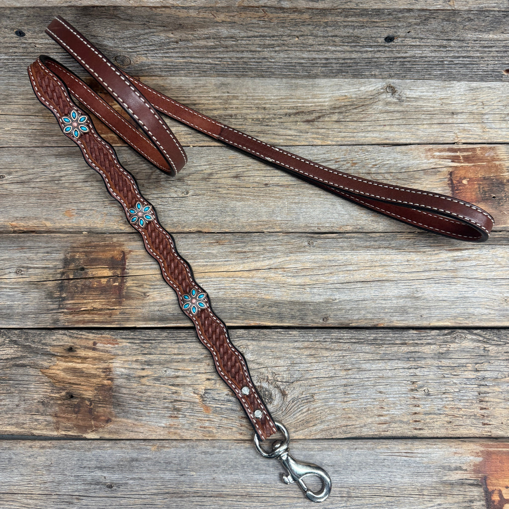 Genuine Leather Dog Collar or Leash With Copper Turquoise Flower Conchos 10" to 22" W207S -DC56 — view 7