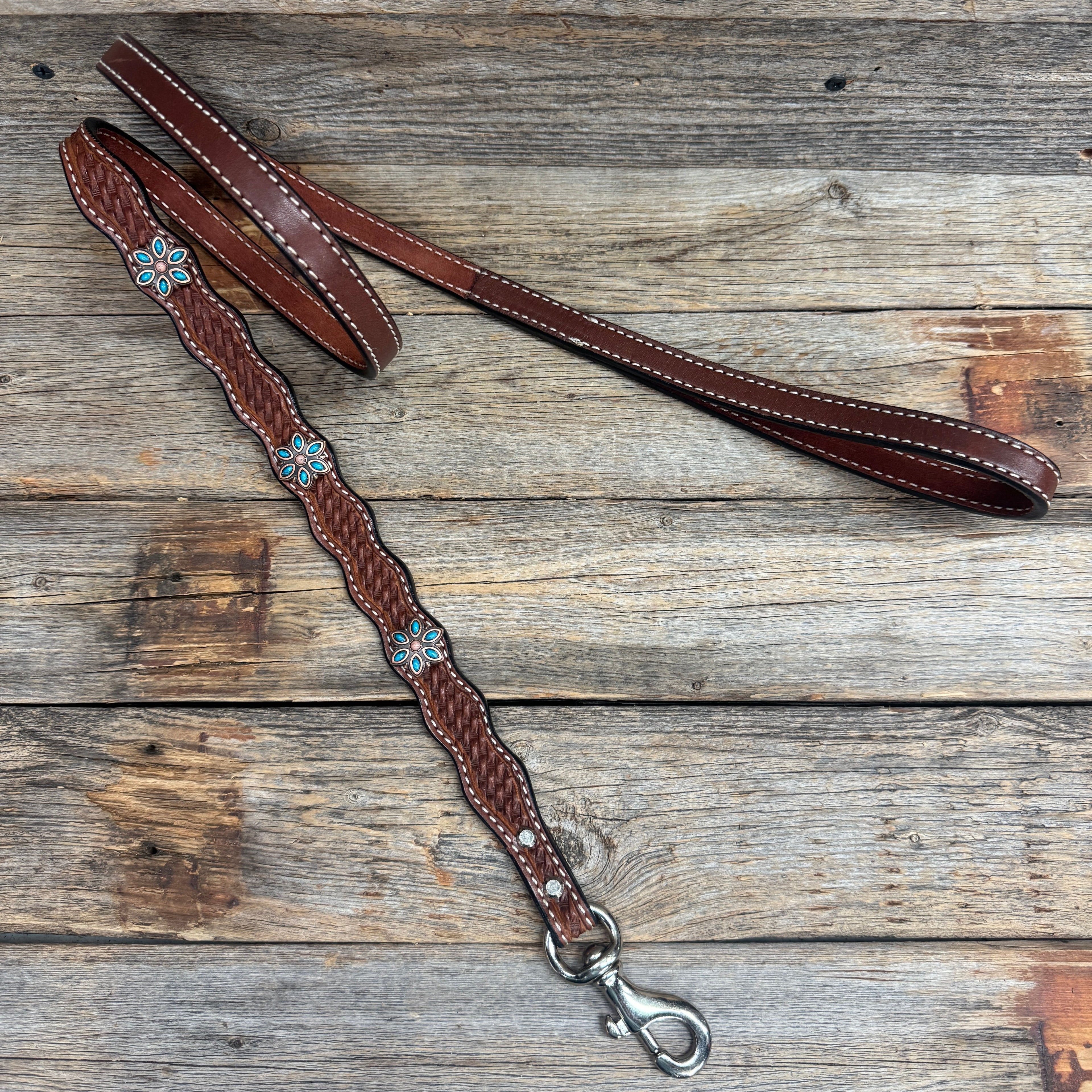 Genuine Leather Dog Collar or Leash With Copper Turquoise Flower Conchos 10" to 22" W207S -DC56 — view 7