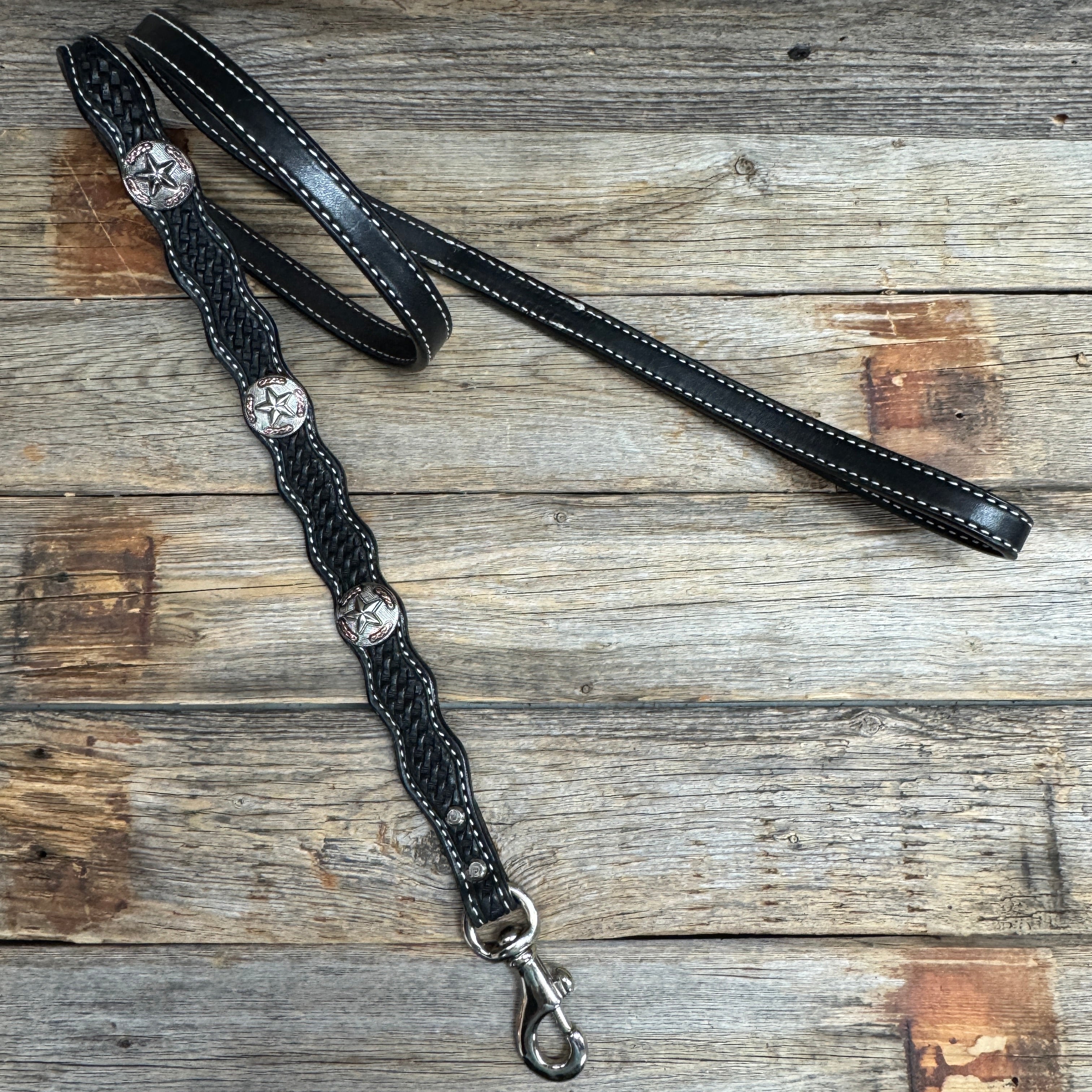 Genuine Leather Dog Collar or Leash With Antique Silver Texas Star Conchos 10" to 22" W187S -DC59 — view 8