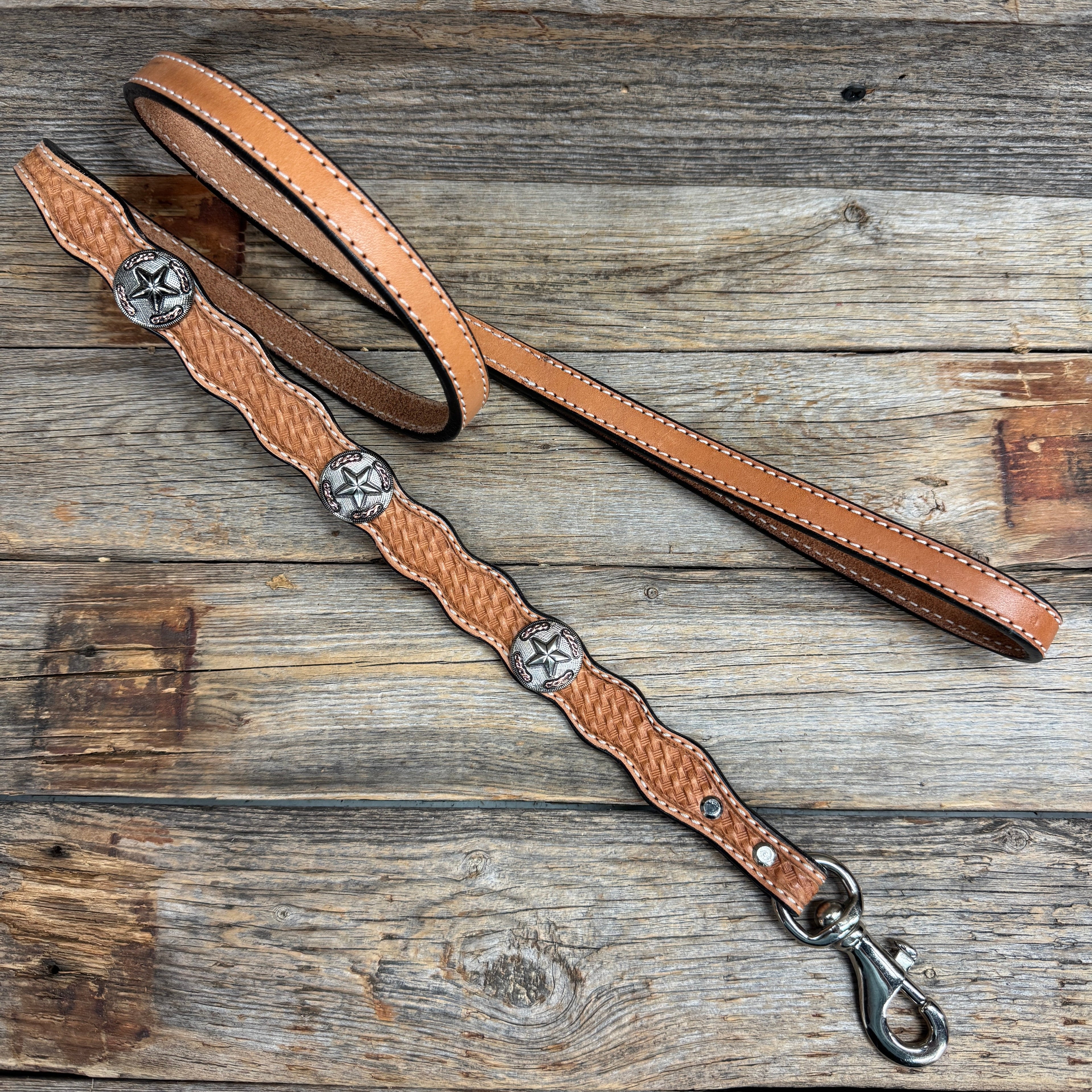 Genuine Leather Dog Collar or Leash With Antique Silver Texas Star Conchos 10" to 22" W187S -DC59 — view 6