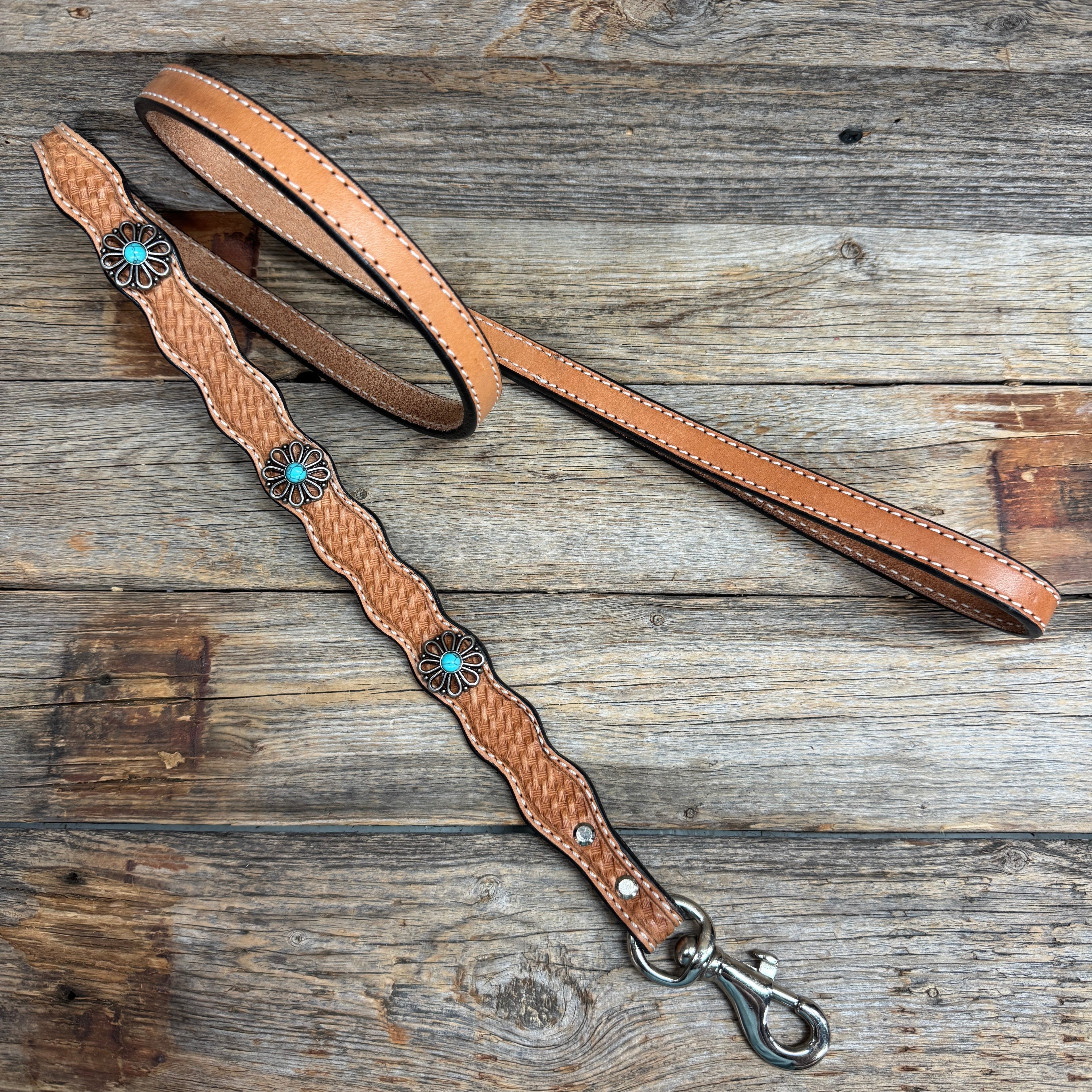 Genuine Leather Dog Collar or Leash With Turquoise Flower Conchos 10" to 22" W231S -DC69 — view 6