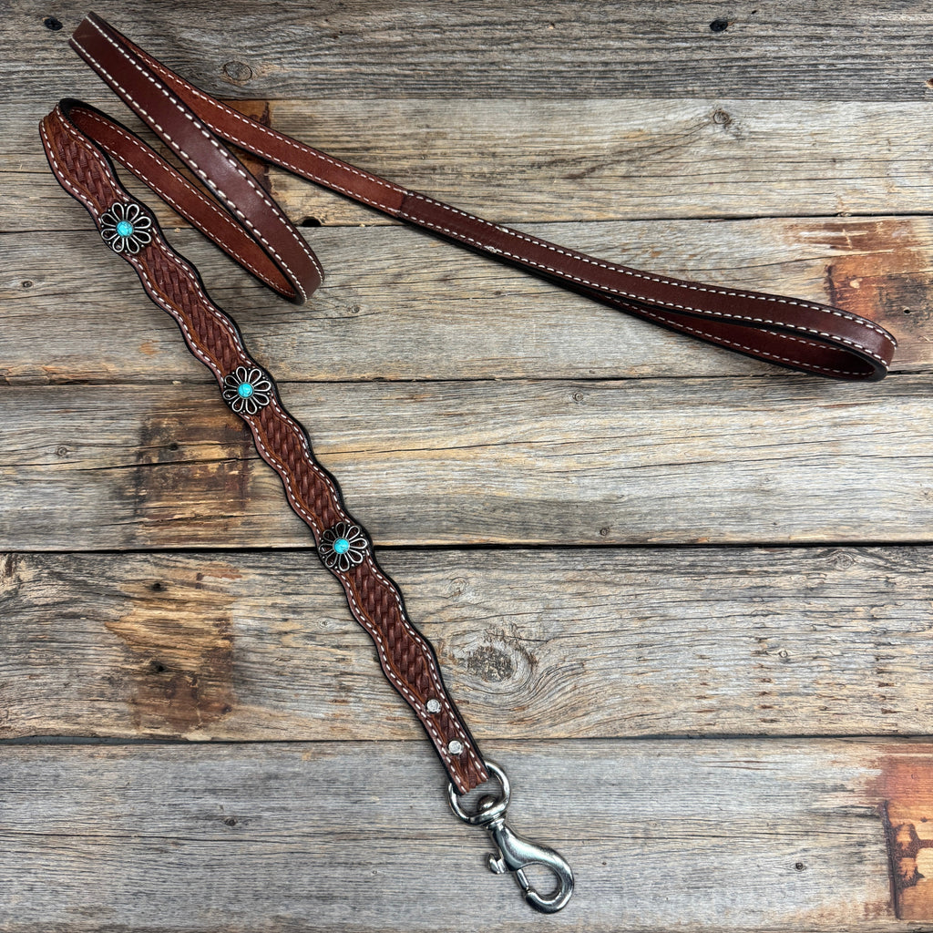 Genuine Leather Dog Collar or Leash With Turquoise Flower Conchos 10" to 22" W231S -DC69 — view 7