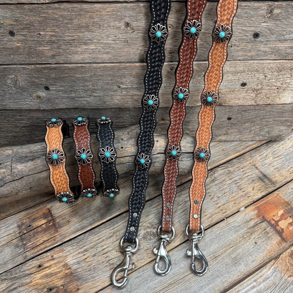Genuine Leather Dog Collar or Leash With Turquoise Flower Conchos 10" to 22" W231S -DC69