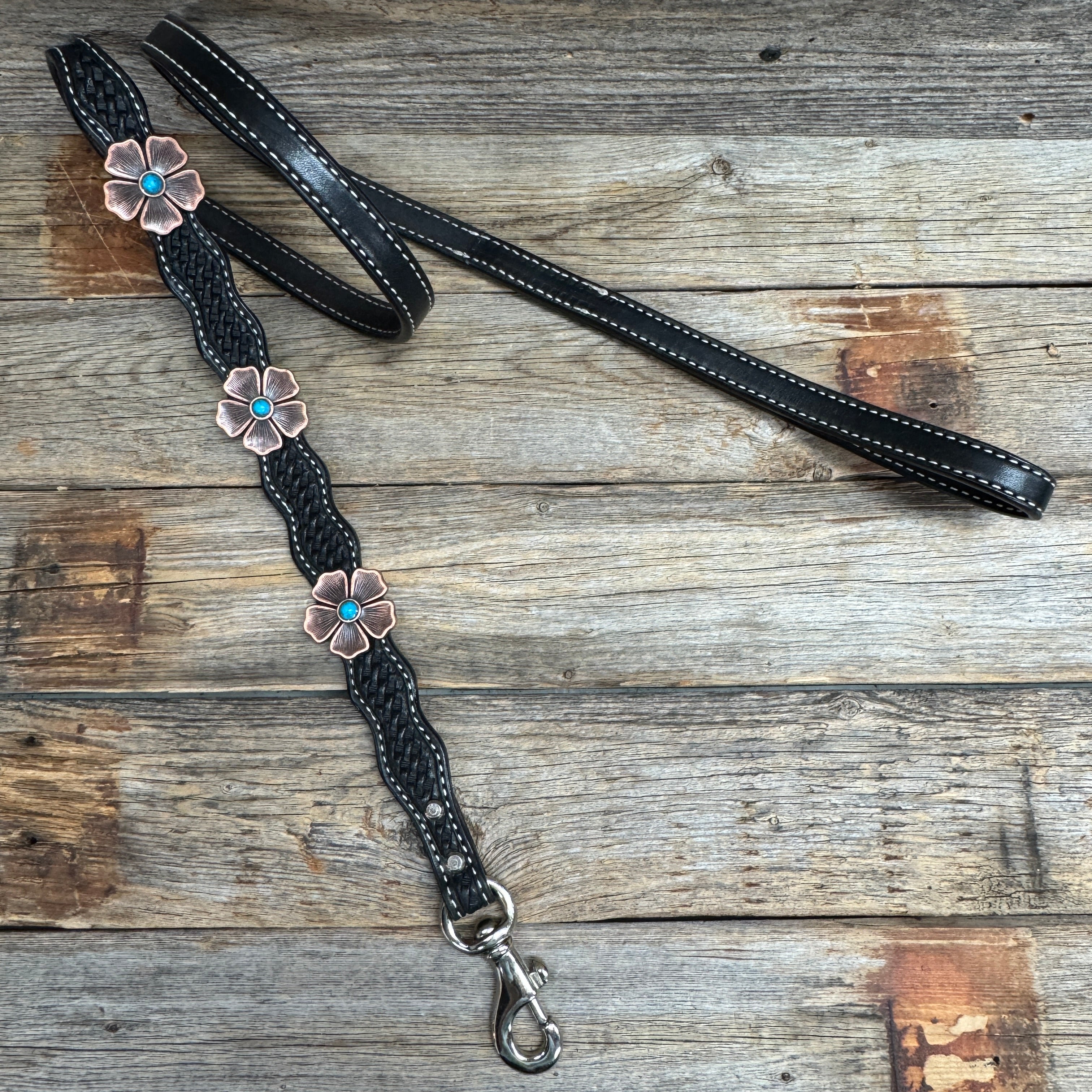 Genuine Leather Dog Collar or Leash With Copper Flower Conchos 12" to 22" W111S -DC7 — view 8