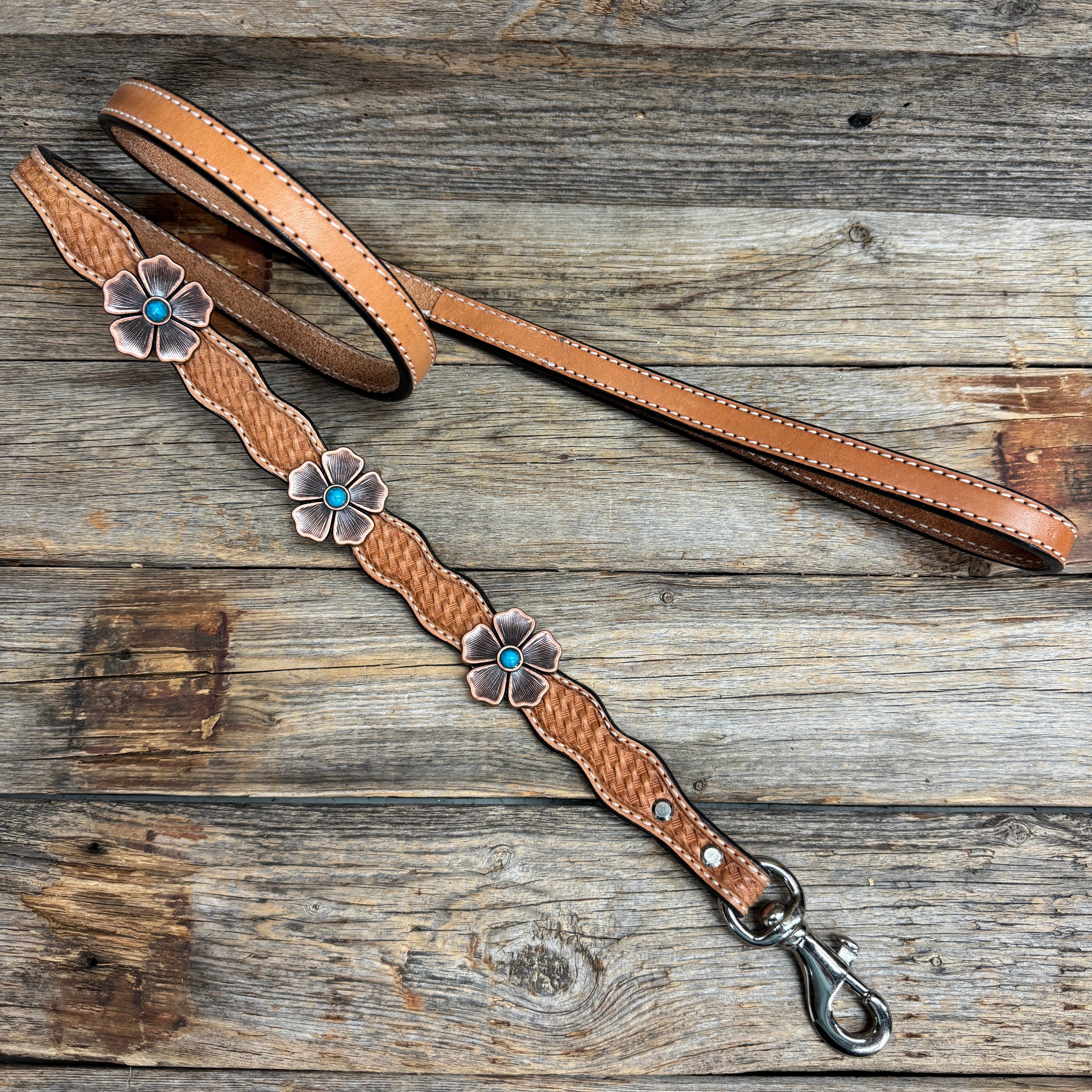 Genuine Leather Dog Collar or Leash With Copper Flower Conchos 12" to 22" W111S -DC7 — view 6