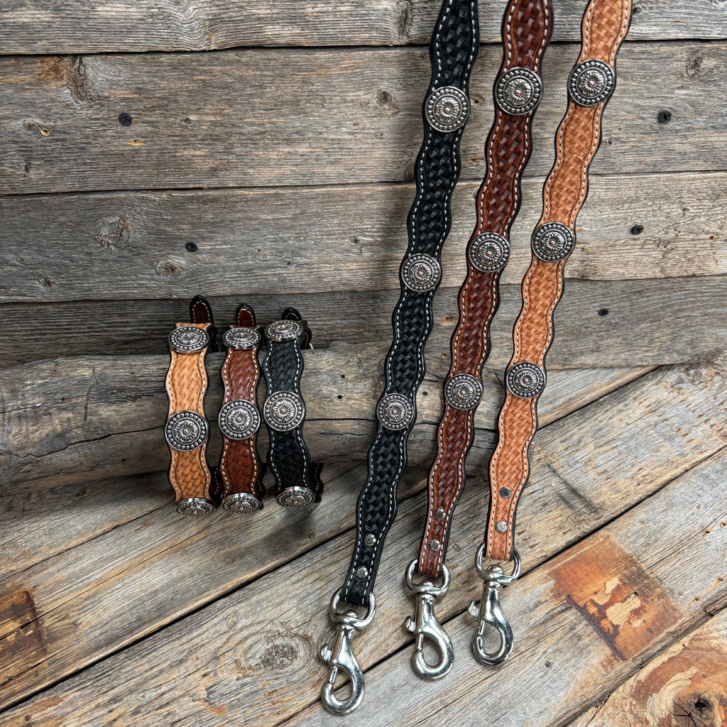 Genuine Leather Dog Collar or Leash With Flower and Dot Conchos 10" to 22" W230S -DC70