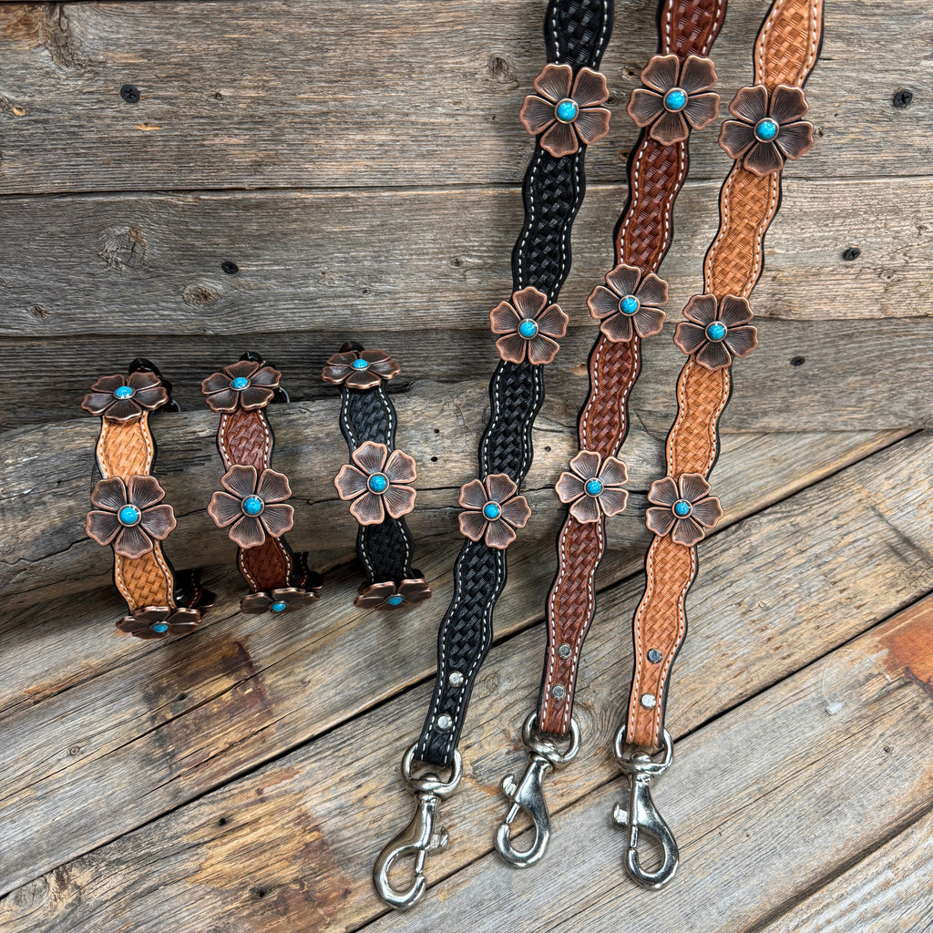 Genuine Leather Dog Collar or Leash With Copper Flower Conchos 12" to 22" W111S -DC7
