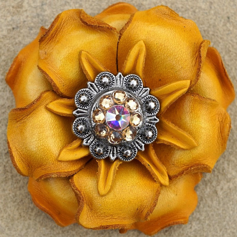 Yellow Gardenia Leather Flowers - 1" Crystal Conchos - Options — view 2