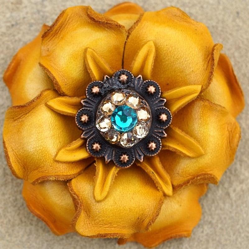 Yellow Gardenia Flower With Copper Teal & Champagne 1" Concho