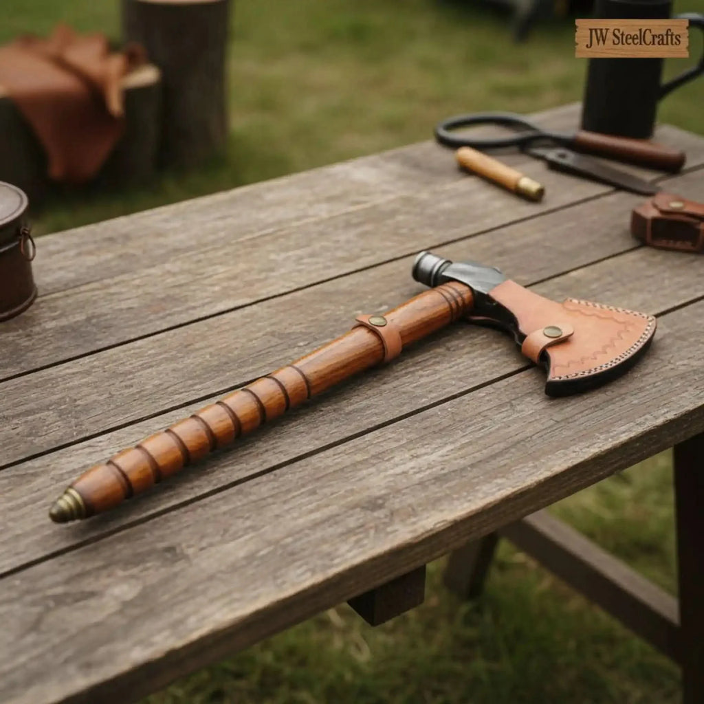 Damascus Pipe Axe 19 Inch Ash Wood Handle | Hand Forged Tomahawk Smoking Axe | JW SteelCrafts