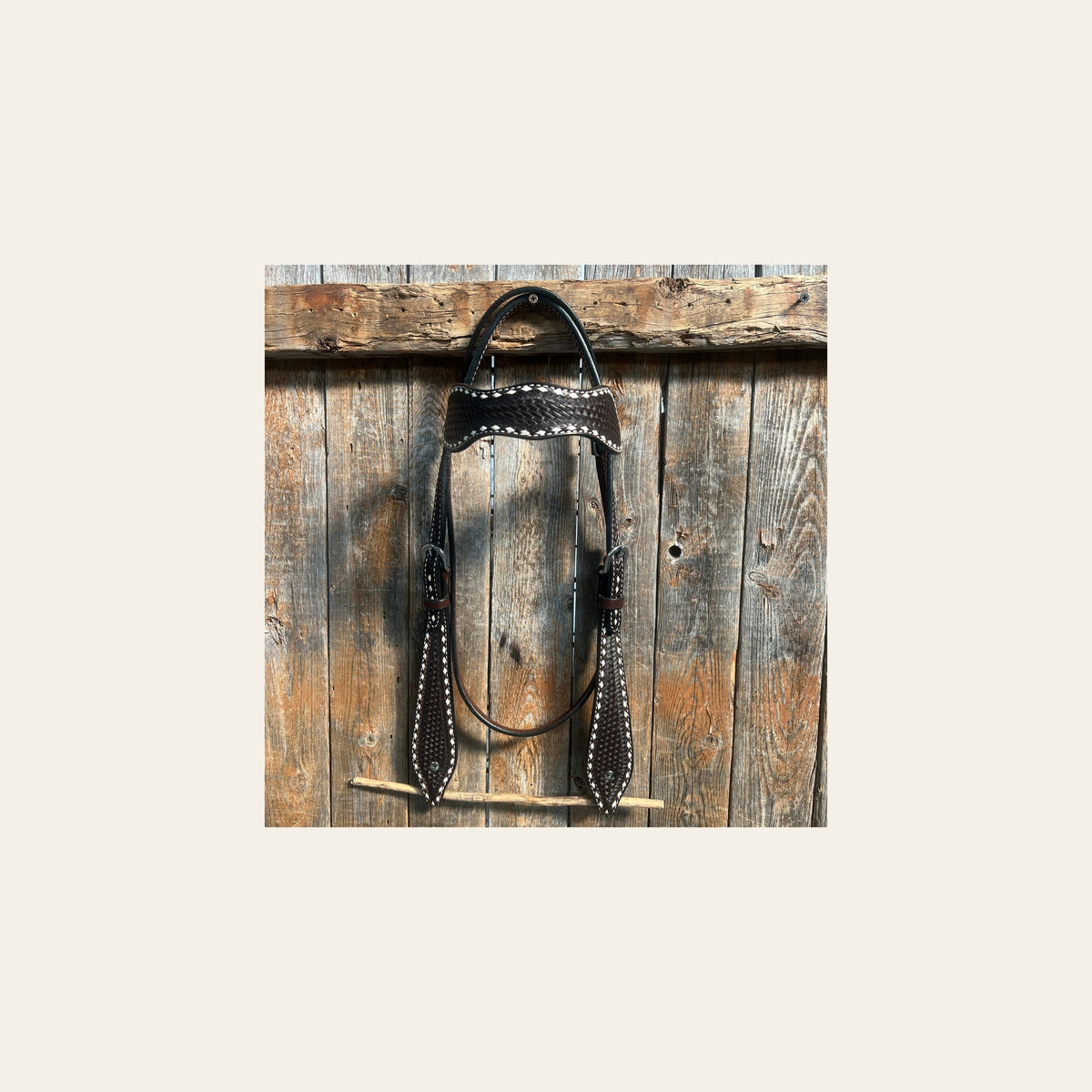 Dark Oil Basketweave Buckstitch Tooled Browband Headstall / Bridle on a warm cream background