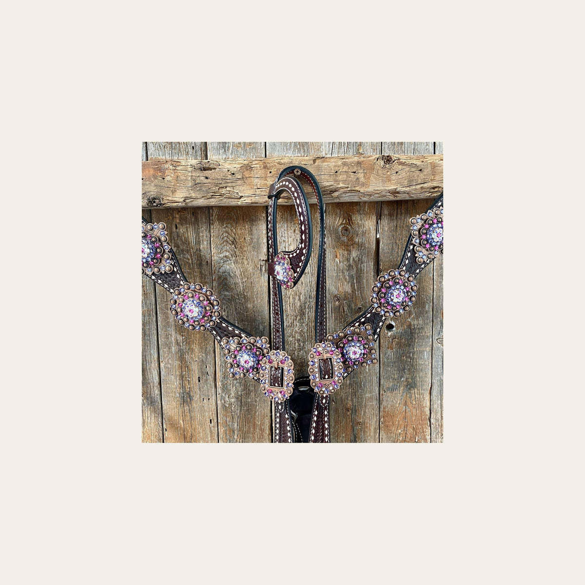 Dark Oil Buckstitch One Ear Headstall & Breastcollar - Pink #OEBC415 on a warm cream background