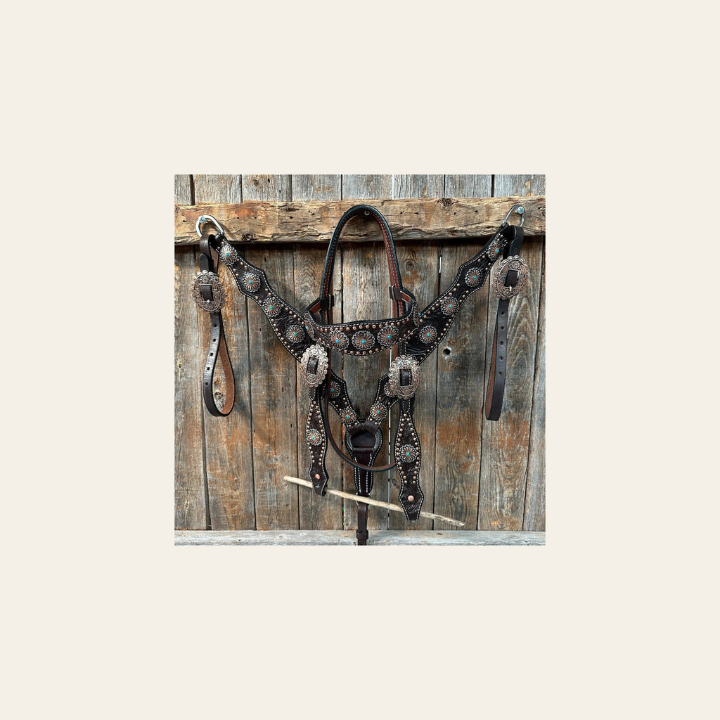 Dark Oil Floral Copper Dot & Turquoise Browband Headstall / Breastcollar Tack Set #BBBC535 on a warm cream background