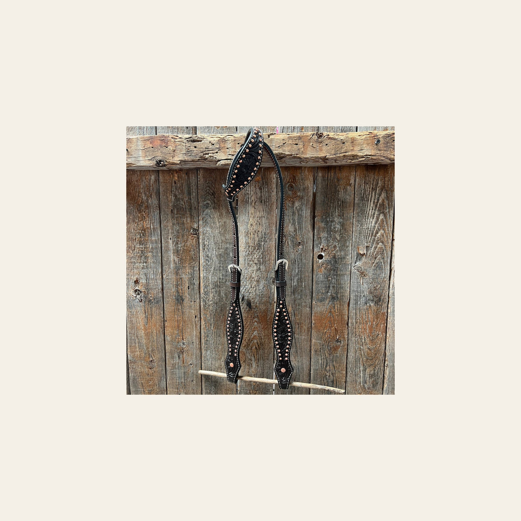 Dark Oil Floral Tooled with Copper Dots One Ear Headstall / Bridle on a warm cream background
