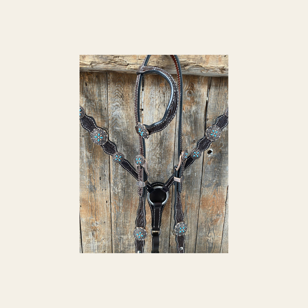 Dark Oil One Ear Headstall & Breastcollar Set #OEBC416 on a warm cream background