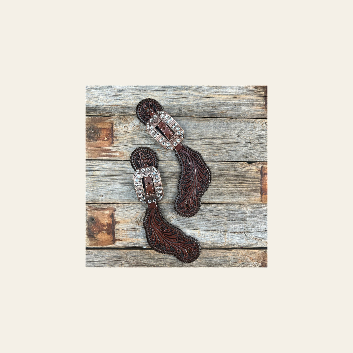 Dark Oil Whipstitch Clear Spur Straps #SS129 on a warm cream background