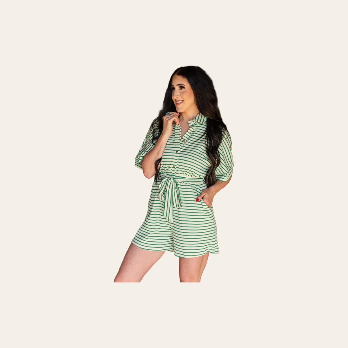 Delilah Textured Striped | Romper on a warm cream background