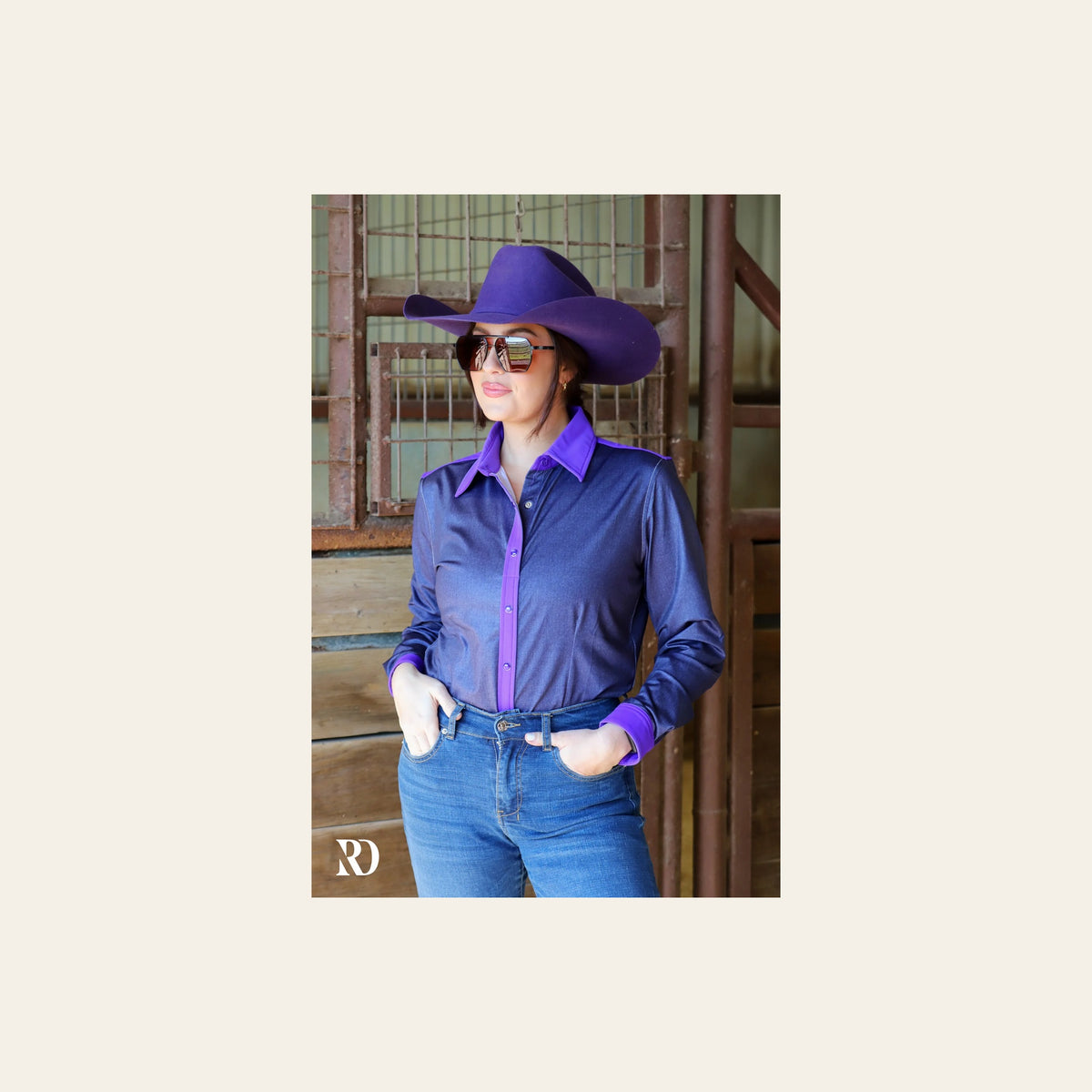 Denim & Purple Performance Rodeo Shirt on a warm cream background