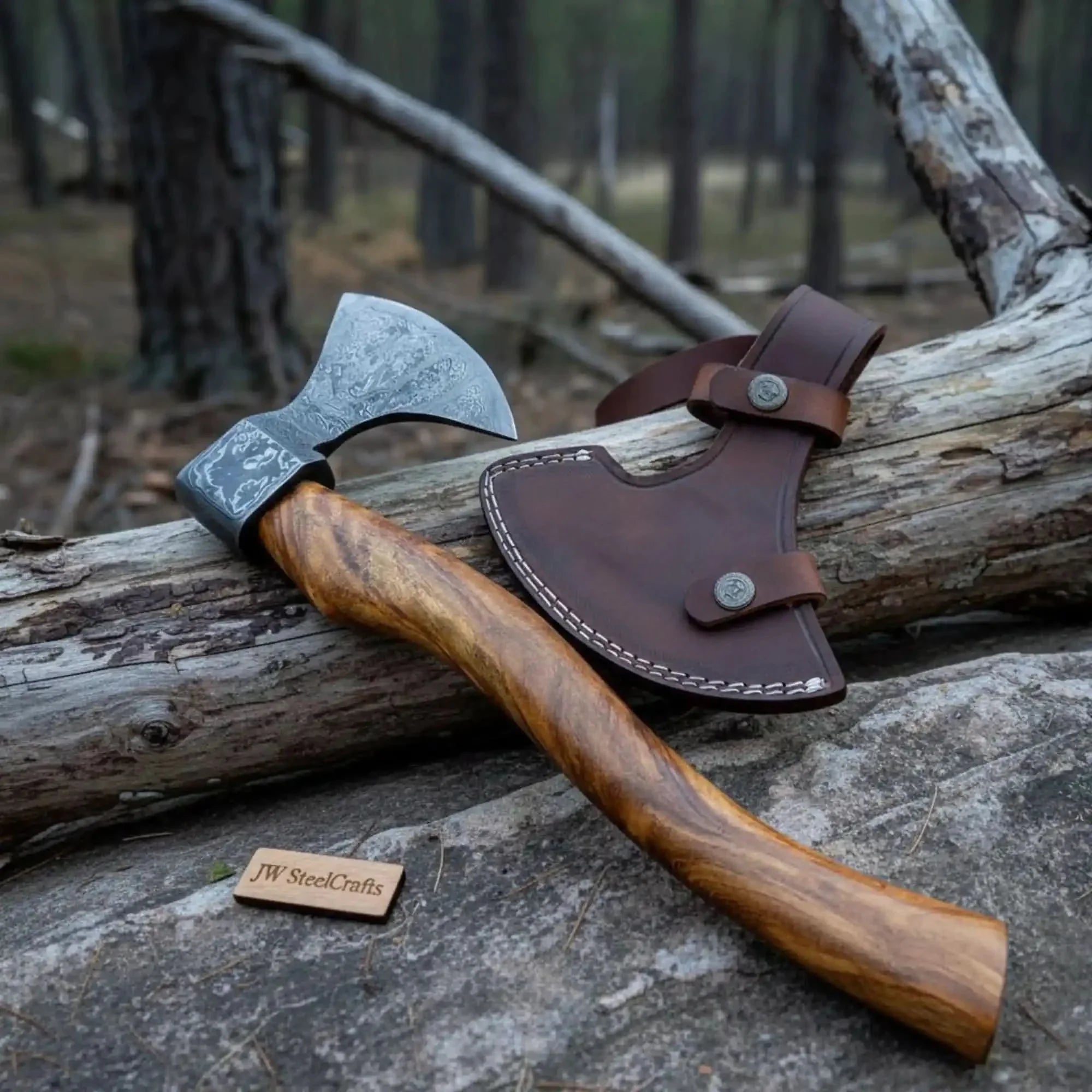 Nordic Damascus Camp Hatchet with Ergonomic Curved Hardwood Handle