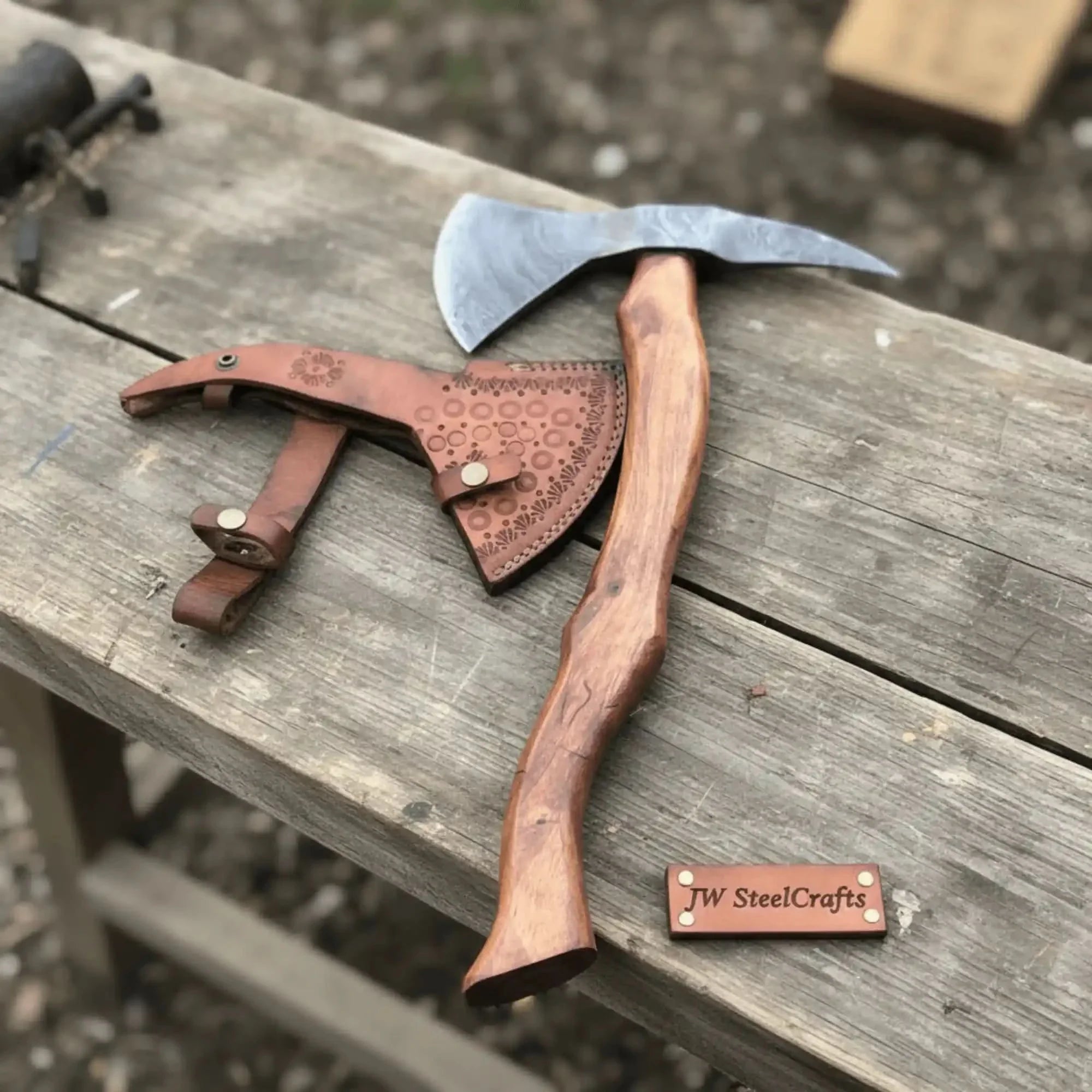 Damascus Bearded Spike Tomahawk with Forged Spike Poll