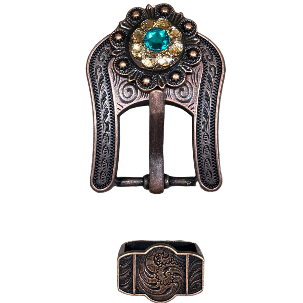 Teal & Champagne Copper European Crystal Buckle Keeper Set