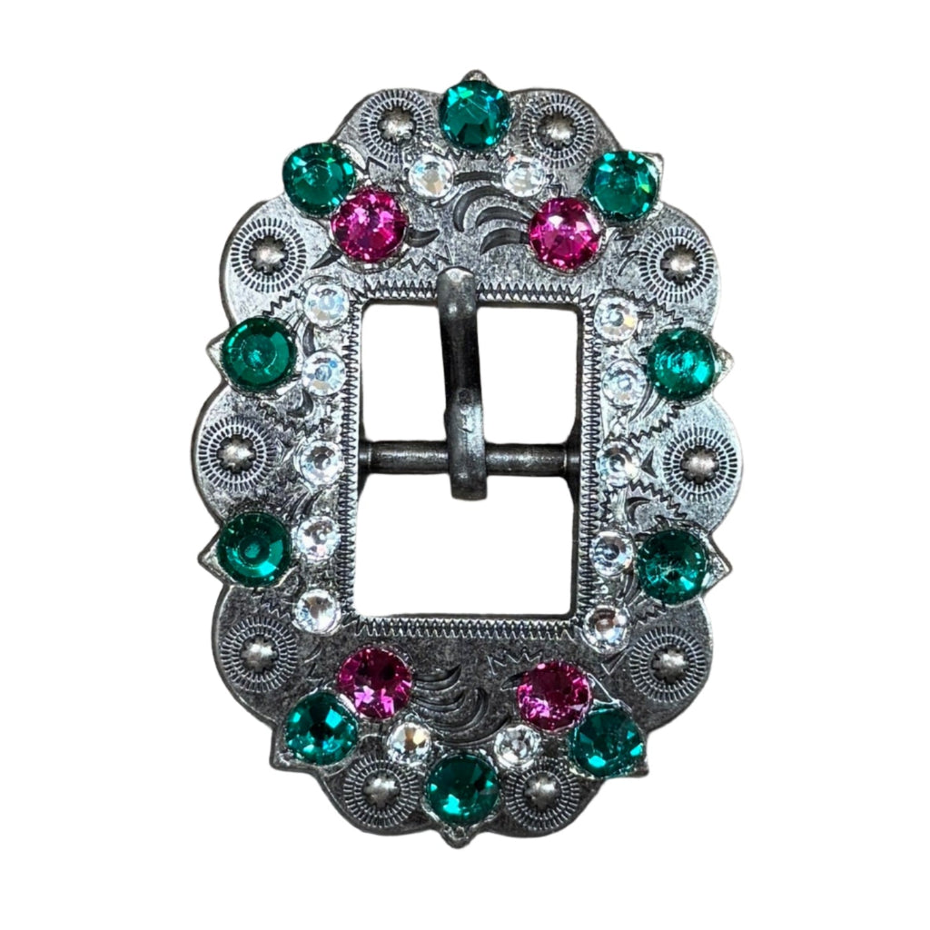 Fuchsia, Clear & Emerald Antique Silver Cart Buckle European Crystal Concho