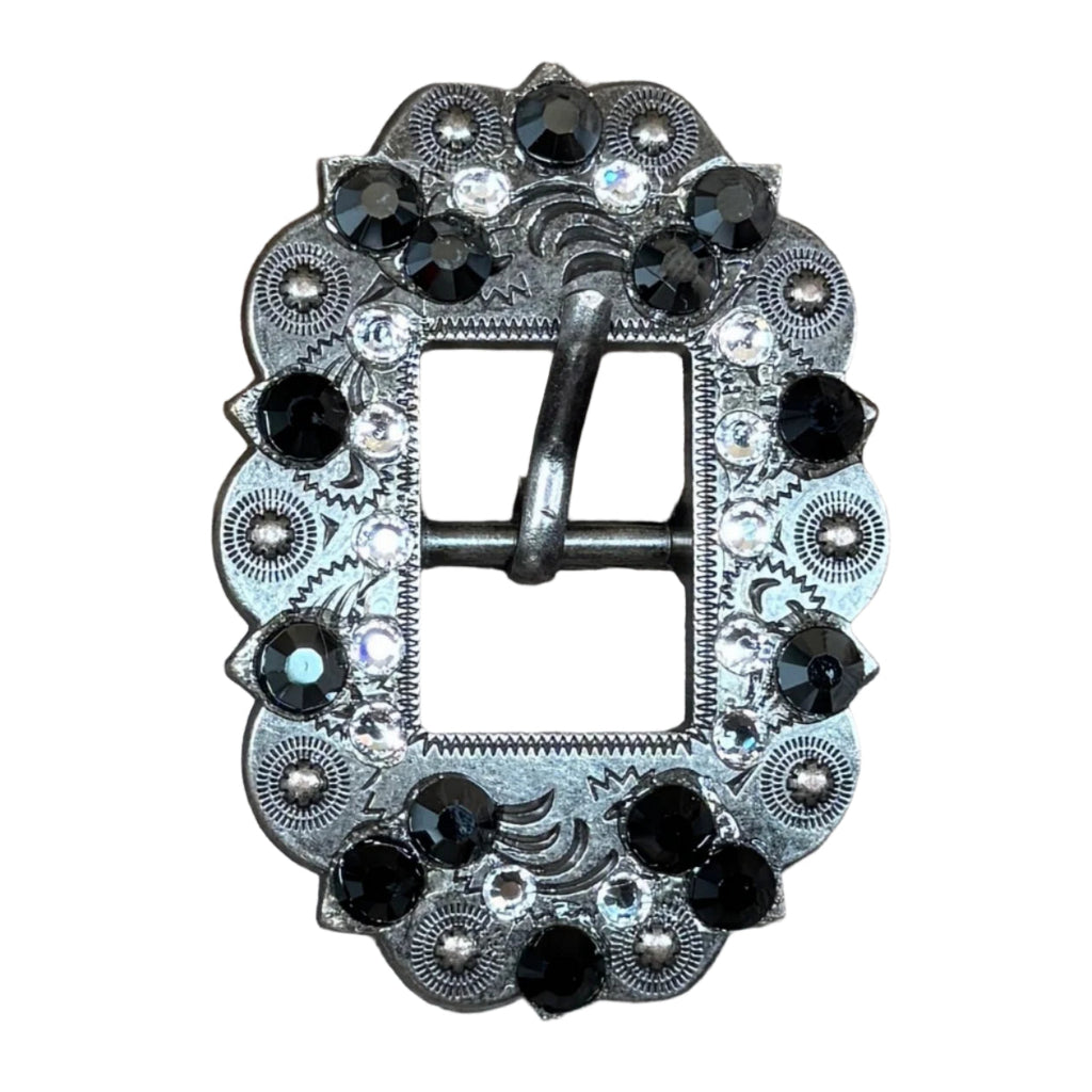 Jet & Clear Antique Silver Cart Buckle European Crystal Concho