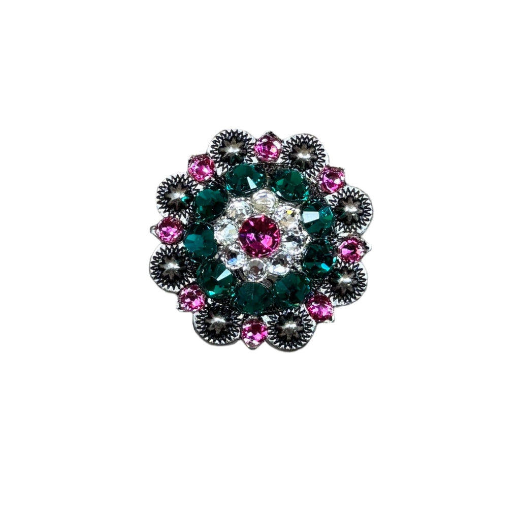 Fuchsia, Clear & Emerald Antique Silver 1.5" European Crystal Concho