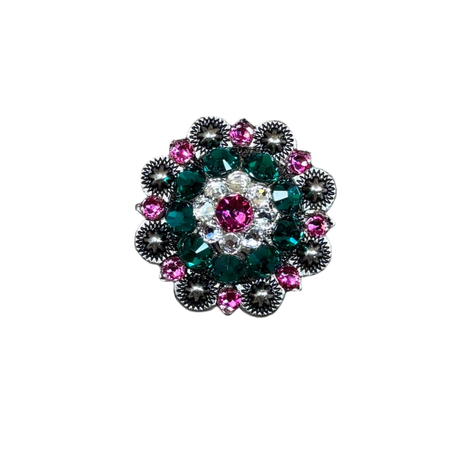 Fuchsia, Clear & Emerald Antique Silver 1.5" European Crystal Concho