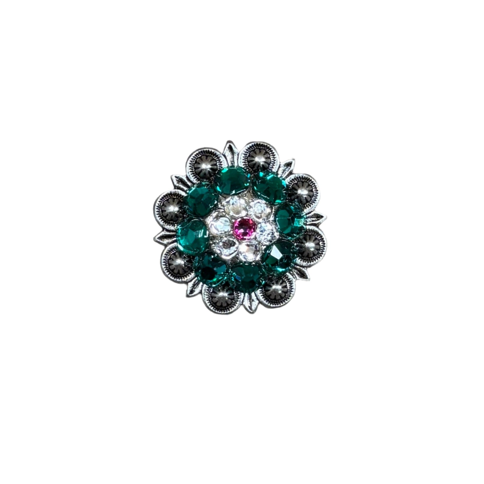 Fuchsia, Clear & Emerald Antique Silver 1.25" European Crystal Concho