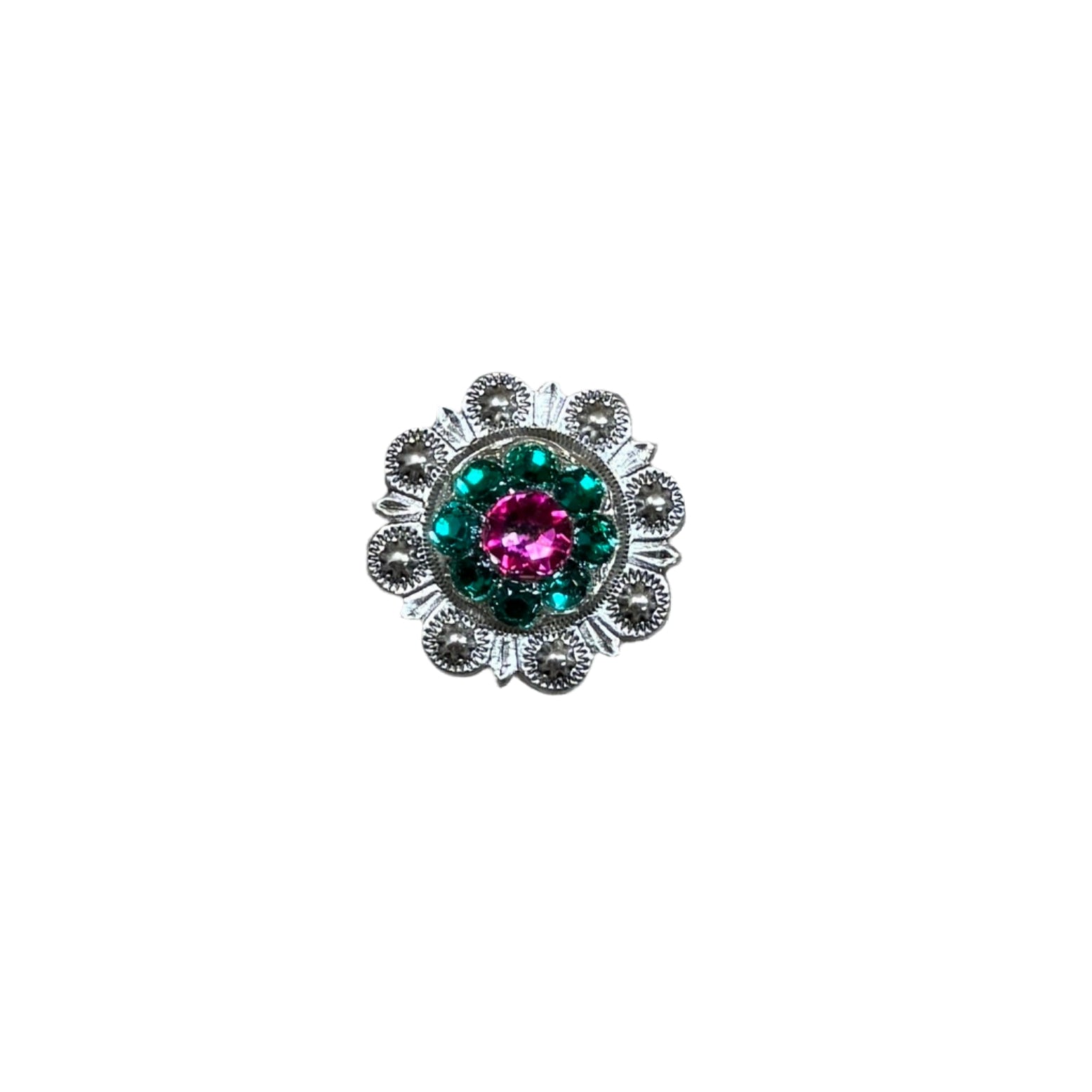 Fuchsia, Clear & Emerald Antique Silver 1" European Crystal Concho