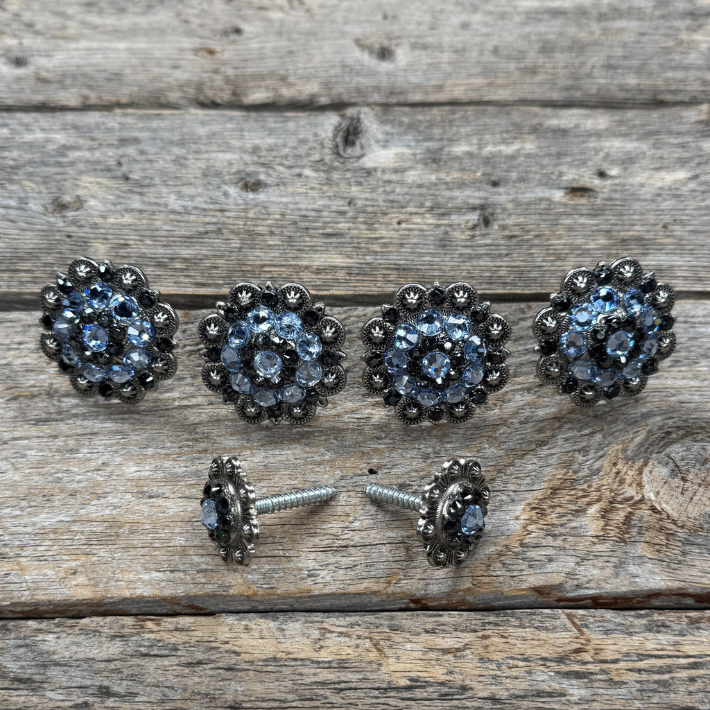 Antique Silver Light Sapphire and Jet Saddle Conchos