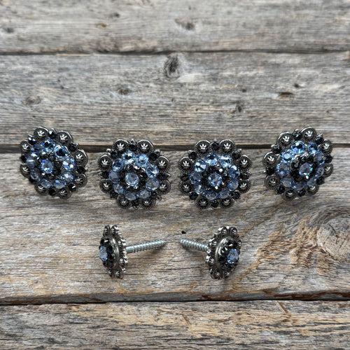 Antique Silver Light Sapphire and Jet Saddle Conchos