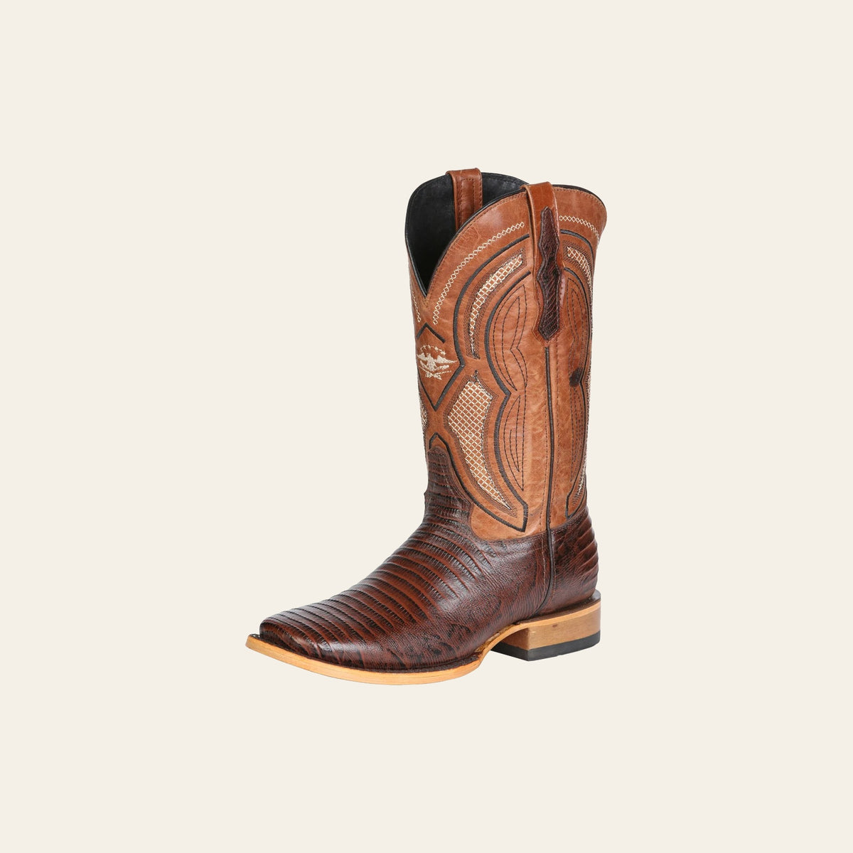 El General Men’s Leather Cowboy Boot - Embossed Lizard Print - Brown 45931 on a warm cream background