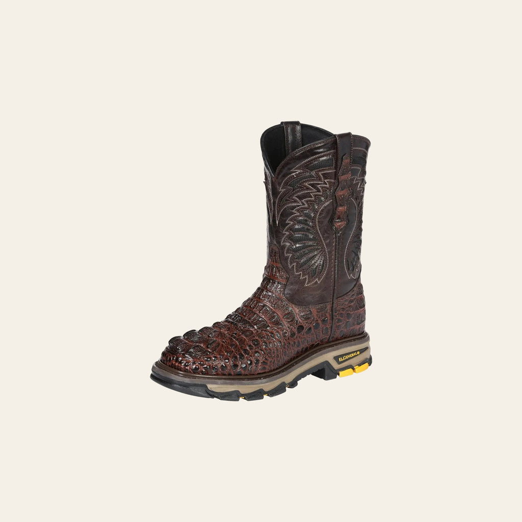 El General Men's Leather Work Boots - Made In Mexico - Embossed Caiman Print - Brown 45813 on a warm cream background
