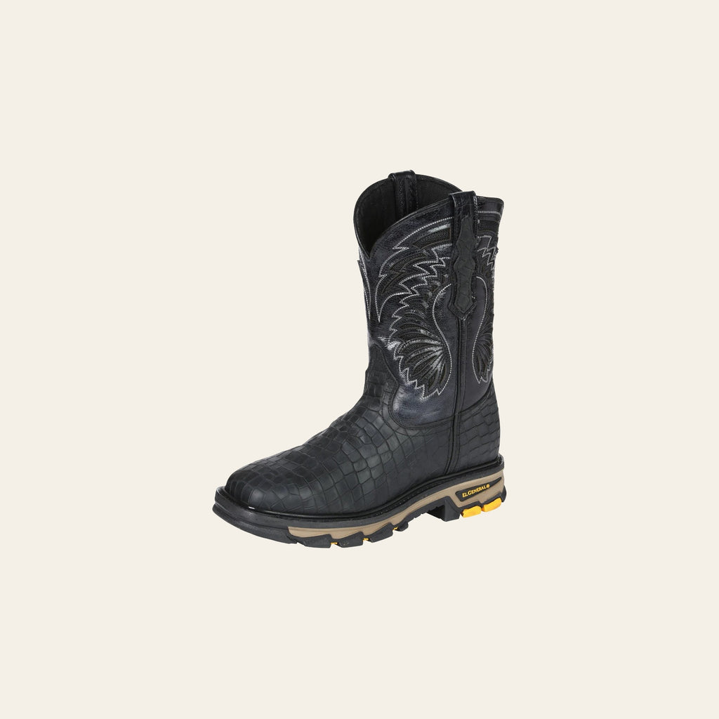 El General Men's Leather Work Boots - Made In Mexico - Embossed Caiman Print - Black 45810 on a warm cream background