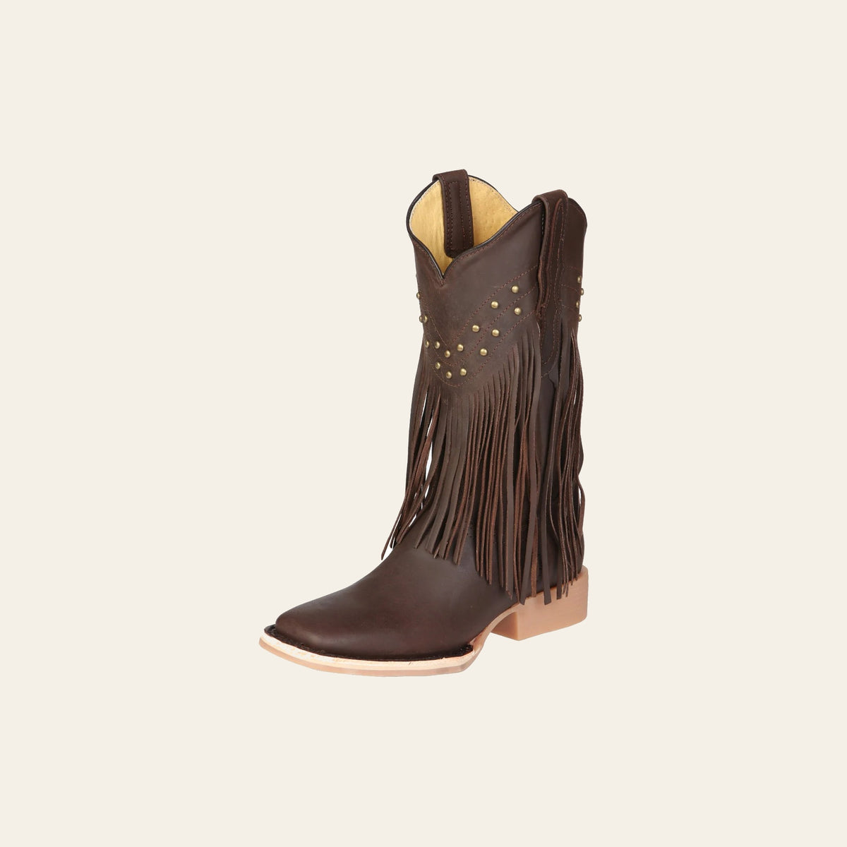 El General Women’s Leather Fringe Western Boots - Made in Mexico - Brown 45800 on a warm cream background