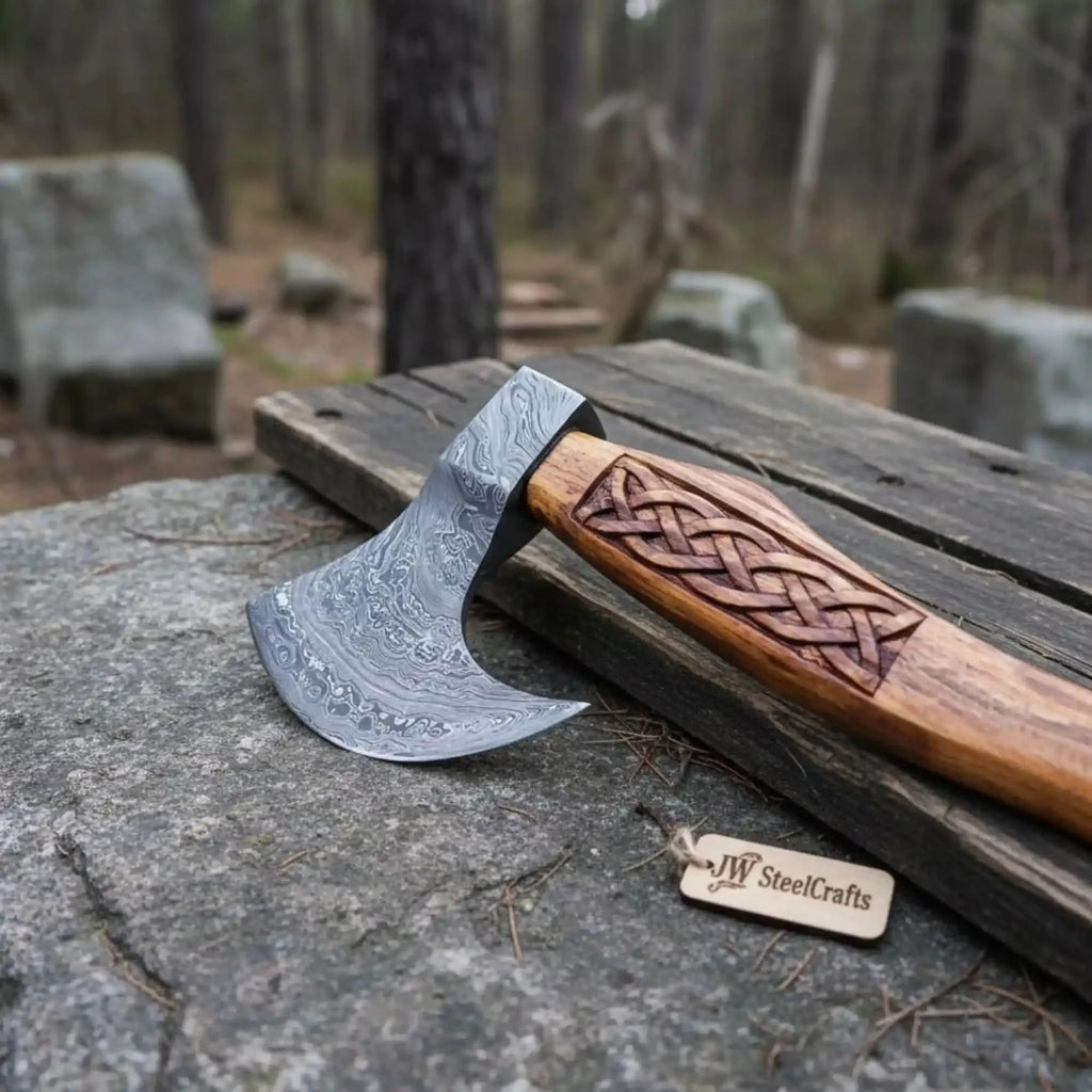 Fellmark Steel Camp Axe with Carved Nordic Knotwork Rosewood Handle