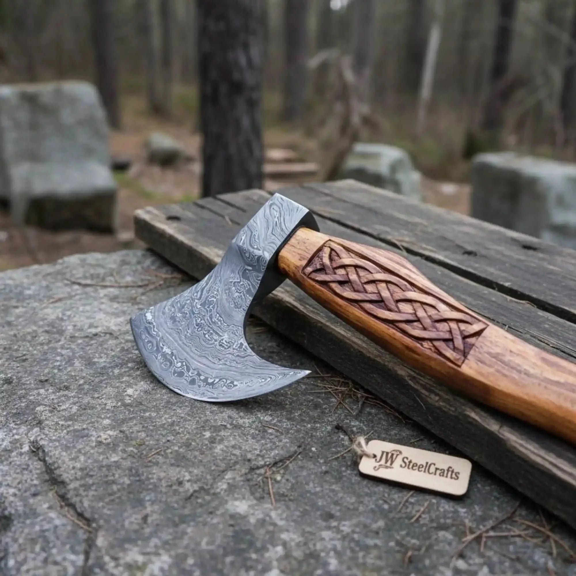 Fellmark Steel Camp Axe with Carved Nordic Knotwork Rosewood Handle