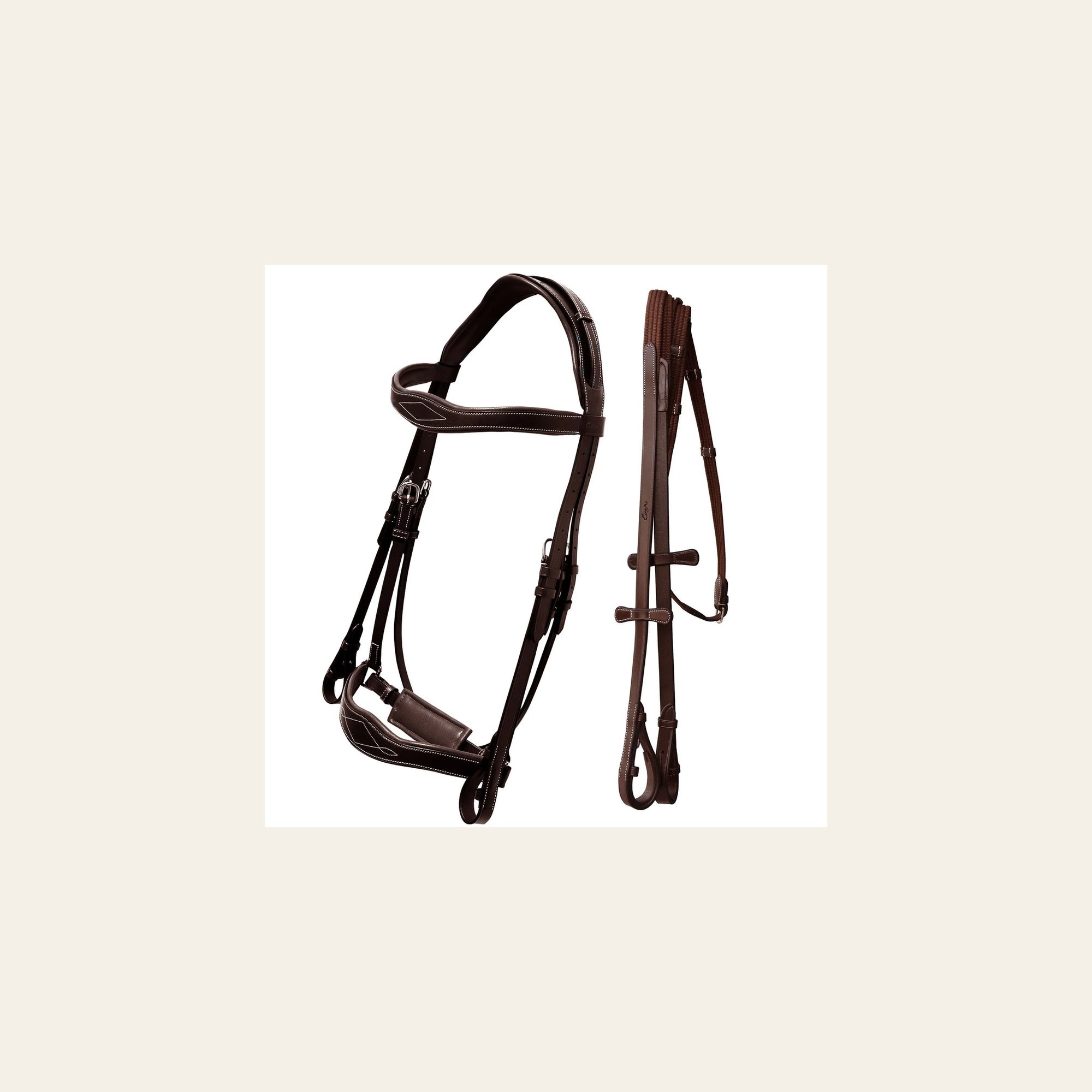 ExionPro Broad Wave Shape Designer Fancy Dressage Bridle & Web Reins on a warm cream background