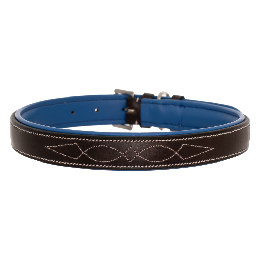 ExionPro Fancy Stitched Padded Leather Dog Collar - Blue Padding by Bridles & Reins