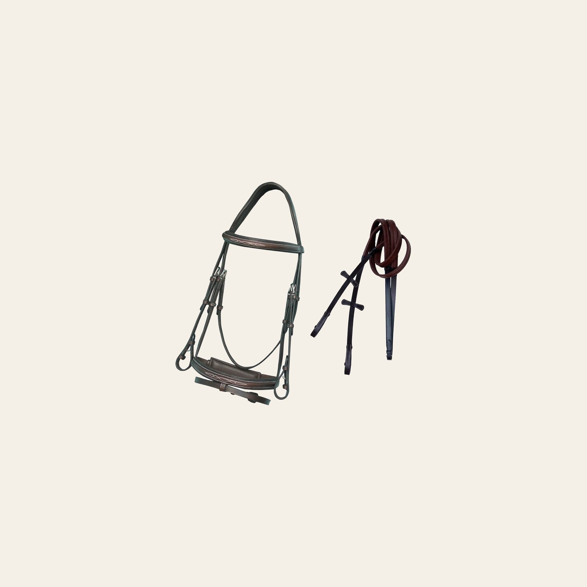 ExionPro Designer Fancy Stitched Bridle with Flash and Rubber Reins on a warm cream background