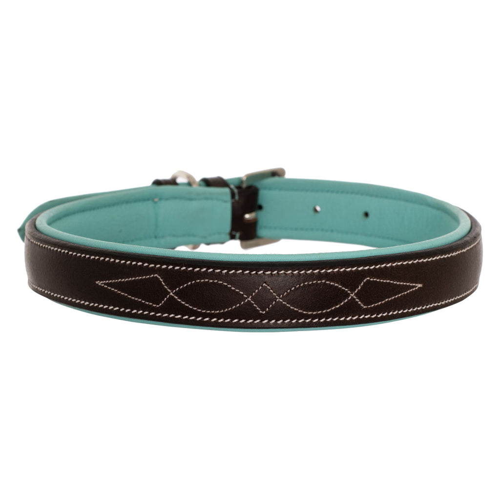 ExionPro Fancy Stitched Padded Leather Dog Collar - Sky Blue Padding by Bridles & Reins
