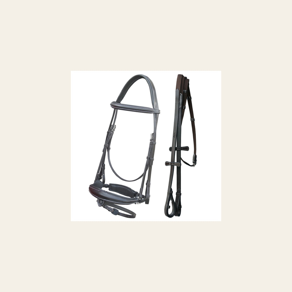ExionPro Dressage Bridle: Mono Crown, Raised Browband, Anatomical Noseband, Detachable Flash & Web Reins on a warm cream background